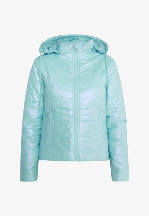 Gaiši zila, ar rāvējslēdzēju aizdaram pufīga jaka ar kapuci, ar diagonāliem quiltētiem rakstiem, divām sānu kabatām un spīdīgu, satīna līdzīgu apdari.