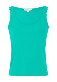 Turquoise ribbed tank top with lace accents on the shoulder straps. Features a scoop neckline and a fitted silhouette. Soft material.