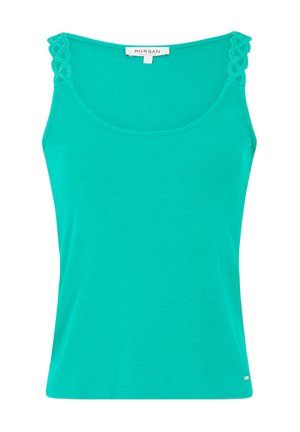 Türkiser gerippter Tanktop mit Spitzenakzenten an den Schulterträgern. Hat einen Rundhalsausschnitt und eine figurbetonte Silhouette. Weiches Material.