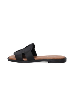 Black slide sandal with two wide straps, a smooth finish, and a flat sole. The insole is brown, contrasting with the black upper.