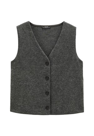 Ciemnoszara bezrękawnikowa dzianinowa kamizelka z dekoltem w serek i czterema czarnymi guzikami z przodu, prezentowana na białym tle.