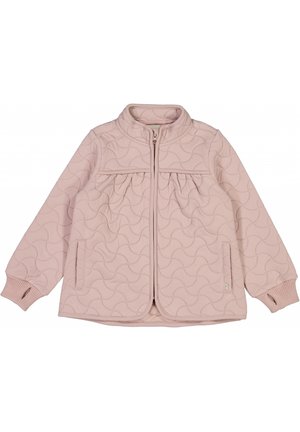 Jasnoróżowa pikowana kurtka z długimi rękawami, z zamkiem błyskawicznym z przodu, ściągaczami z otworami na kciuki oraz dwoma przednimi kieszeniami.