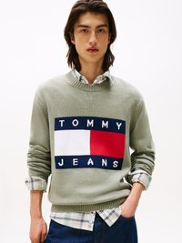 Zeleni pleteni pulover z rebrastim izrezom, ki ima čez prsa velik pravokotni logotip "TOMMY JEANS" v modri, rdeči in beli barvi. Obložen je s srajco s karirastim vzorcem.