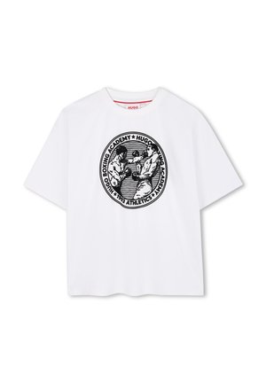 T-shirt en coton blanc avec un imprimé graphique rond représentant deux boxeurs en noir, avec le texte "HUGO BOXING ACADEMY" intégré dans le design.