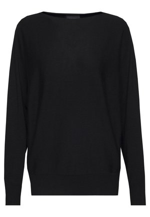 Black sweater with a loose fit, wide boat neckline, and long sleeves. Made from smooth knit fabric with ribbed cuffs and hem.