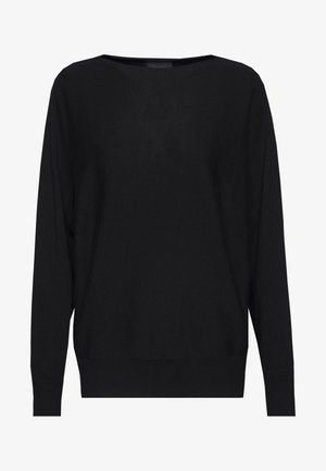 Black sweater with a loose fit, wide boat neckline, and long sleeves. Made from smooth knit fabric with ribbed cuffs and hem.