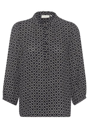 Navybluse mit geometrischem Diamantmuster, mit Stehkragen, Knopfleiste und Dreiviertelärmel. Weicher, leichter Stoff.