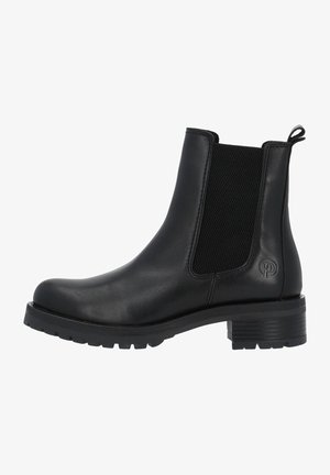 Bottine noire en cuir avec panneau latéral élastique, languette au talon, semelle épaisse et petit talon empilé.