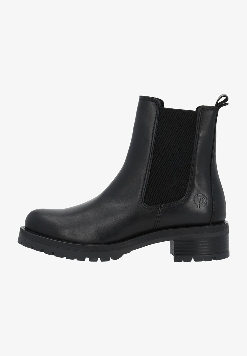 Bottine noire en cuir avec panneau latéral élastique, languette au talon, semelle épaisse et petit talon empilé.