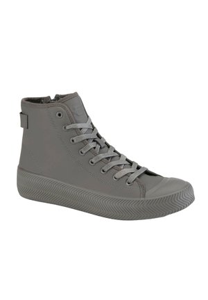 Zapatillas altas de goma gris, con suela texturizada, diseño con cordones y un lazo en la parte trasera para facilitar el uso.