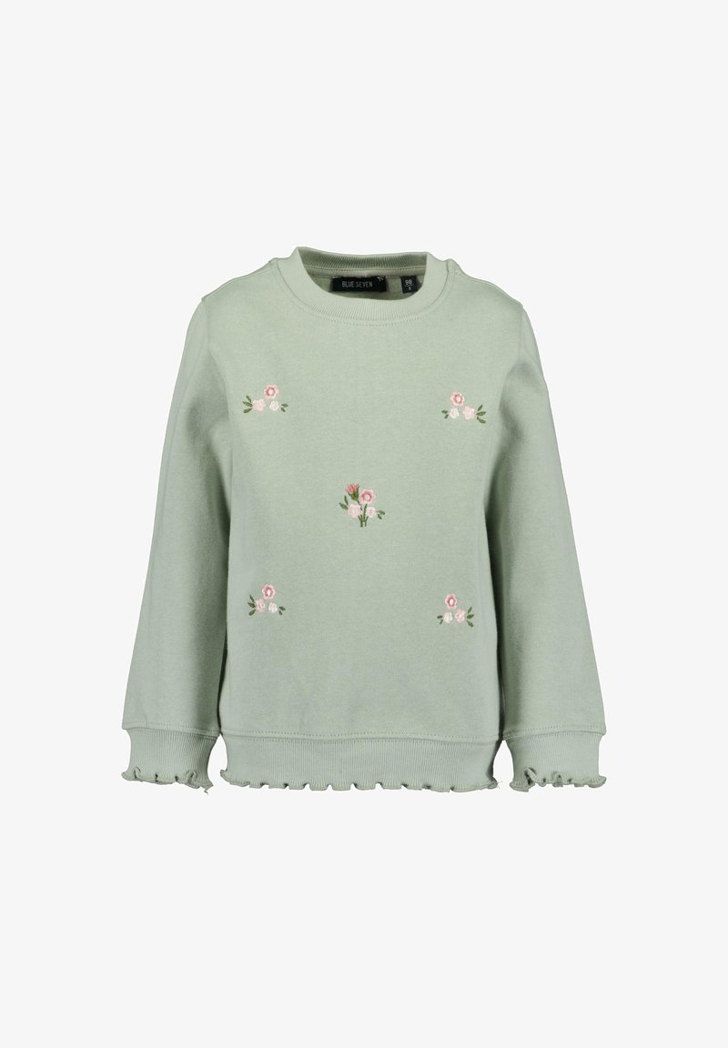 Felpa verde menta con collo rotondo e polsini a coste. Presenta ricami floreali in rosa e verde. L'orlo ha un bordo scallop per un tocco di dettaglio.
