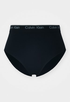 Black high-waisted briefs made of smooth fabric with a soft elastic waistband featuring the "Calvin Klein" logo in light gray.