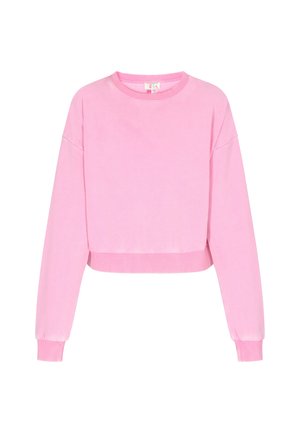 Ružičasti skraćeni dukserica napravljena od mekanog materijala, s dugim rukavima, okruglim izrezom i rebrastim manžetama i donjim rubom. Glatka tekstura.