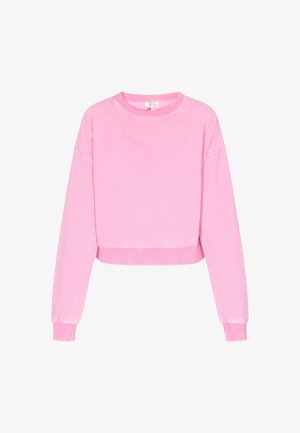 Roosa lühikeste varrukatega sweatshirt pehmest kangast, millel on pikad varrukad, ümar kaelus ning ribitud mansetid ja äär. Sile tekstuur.