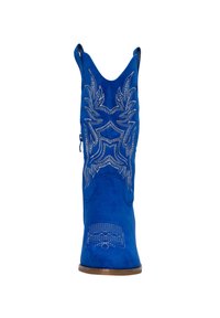 Bota de vaquero azul de ante con intrincados bordados plateados, punta afilada y un diseño cortado en la parte superior. Textura suave y un tacón bajo.