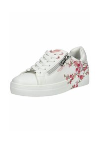 Weißer Sneaker mit floralem Design in Pink und Grün. Ausgestattet mit einer runden Zehenform, einer strukturierten Sohle und einem silbernen Reißverschlussakzent an der Seite.
