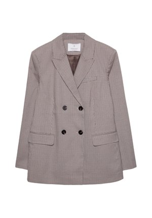 Blazer croisé en motif check marron et crème, avec de grands boutons noirs et des revers à pointes. Deux poches avant incluses.