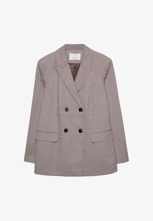 Dwurzędowa marynarka w brązowo-kremową kratę, z dużymi czarnymi guzikami i wyłogami. Zawiera również dwie przednie kieszenie.