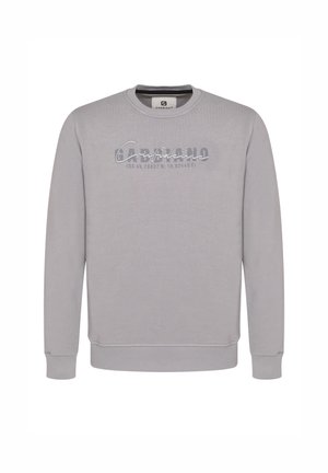 Sudadera gris confeccionada en una tela suave, con cuello redondo, mangas largas y un diseño de texto impreso en el frente.