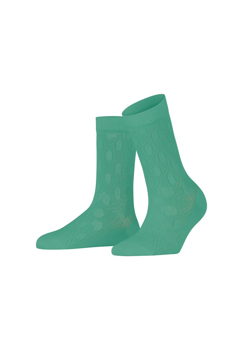 Türkisblaue Socken mit einem strukturierten Rautenmuster, die einen gerippten Bund und eine glatte Oberfläche aufweisen. Das Material wirkt weich und dehnbar.