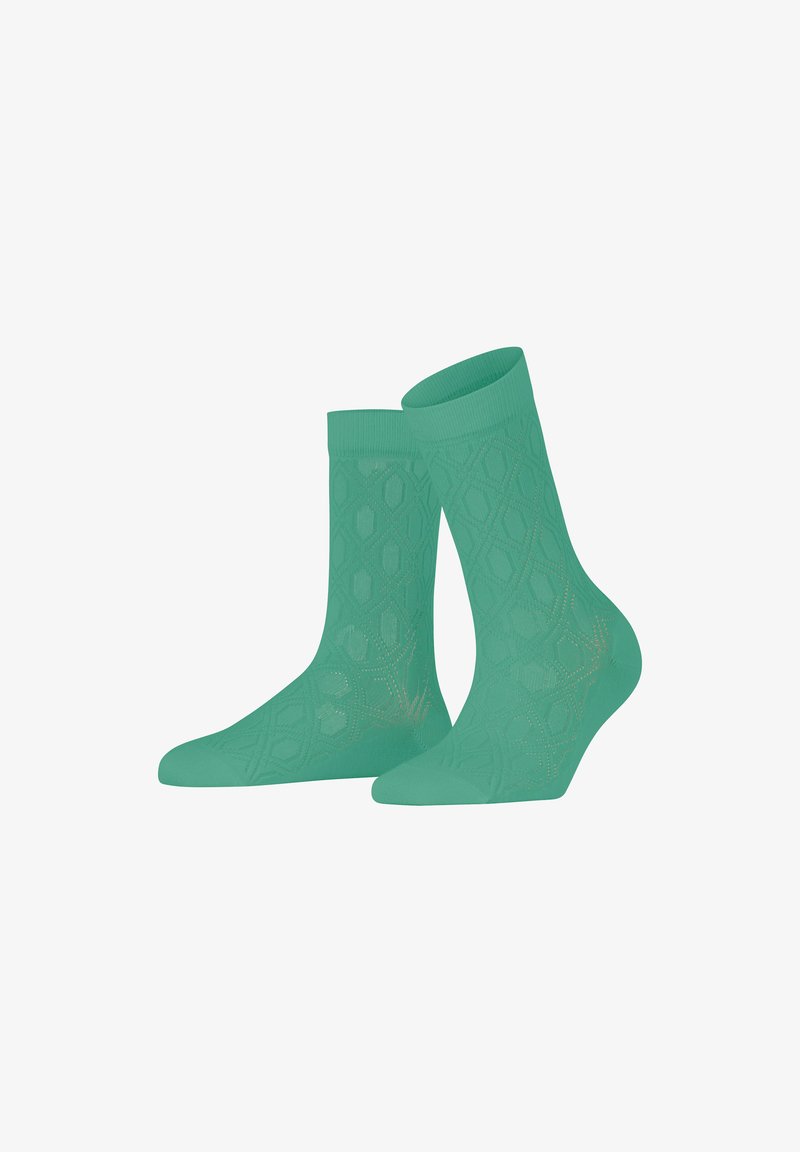 Türkisblaue Socken mit einem strukturierten Rautenmuster, die einen gerippten Bund und eine glatte Oberfläche aufweisen. Das Material wirkt weich und dehnbar.