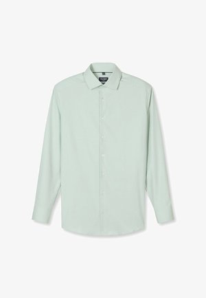Camicia da uomo verde chiaro a maniche lunghe con bottoni frontali e collo classico, mostrata stesa su sfondo bianco.