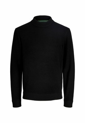 Schwarzer, langärmeliger Strickpullover mit geripptem Stehkragen, Bündchen und Saum, auf einem schlichten weißen Hintergrund präsentiert.