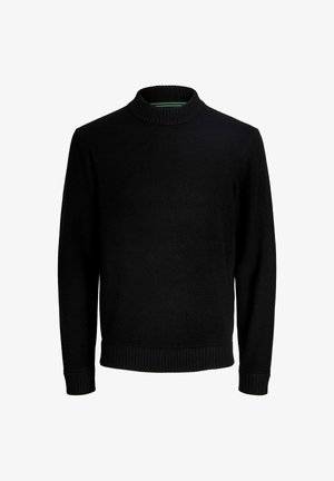 Schwarzer, langärmeliger Strickpullover mit geripptem Stehkragen, Bündchen und Saum, auf einem schlichten weißen Hintergrund präsentiert.