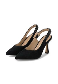 Zapatos de tacón de ante negro tipo slingback con punta afilada, adornados con cuentas negras en la correa y un tacón de aguja. Forro interior suave.