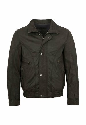 Dunkelbraune Lederjacke mit durchgehendem Reißverschluss und Druckknöpfen vorne, zwei Reißverschlusstaschen auf der Brust sowie elastischem Bund und Ärmelbündchen.