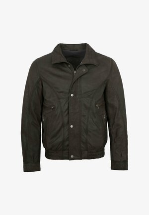 Dunkelbraune Lederjacke mit durchgehendem Reißverschluss und Druckknöpfen vorne, zwei Reißverschlusstaschen auf der Brust sowie elastischem Bund und Ärmelbündchen.