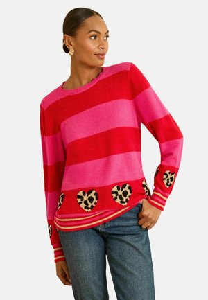 Red and pink striped sweater with leopard print heart accents. Soft knit fabric, ribbed cuffs, and scalloped neckline. Casual fit.