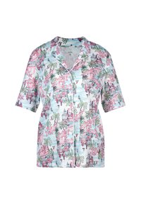 Maglietta da pigiama a maniche corte in tessuto azzurro chiaro con una stampa tropicale caratterizzata da fiori rosa e edifici, rifinita con un colletto e bottoni.
