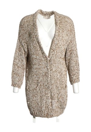 Beige and white speckled knit cardigan with three-quarter sleeves, two front pockets, and a deep V-neck on a white mannequin torso.