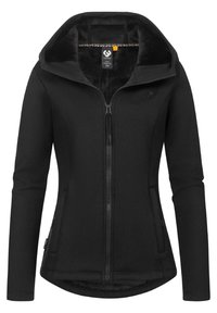 Giacca in pile nera con cappuccio, zip frontale, maniche lunghe e due tasche laterali; presenta un interno morbido e un logo sul petto.