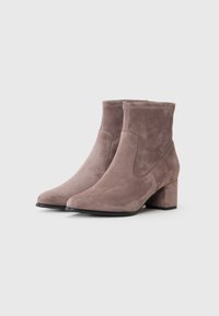 Suede ankle boots in dusty mauve with a squared toe, elastic side panels, and a chunky, block heel for stability.