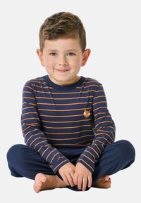 Long-sleeve navy shirt with orange horizontal stripes, featuring a small fox design on the chest, paired with matching navy pants.