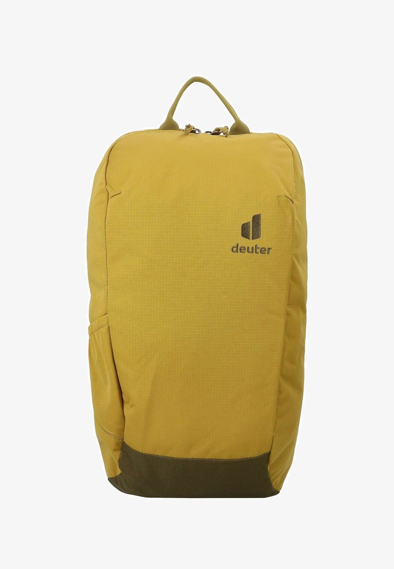Gelb und olivgrüner Deuter-Rucksack mit Tragegriff oben, Reißverschluss und Logo auf der Vorderseite vor einem weißen Hintergrund.