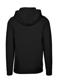 Black hooded sweatshirt featuring a soft fabric texture, long sleeves, and a relaxed fit. No front design elements are visible.