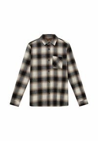 Camicia in flanella a maniche lunghe da uomo in fantasia plaid nera, bianca e marrone. Presenta un davanti con bottoni e una tasca sul petto.