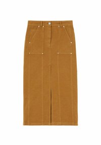 Denim suknja u senfu žutoj boji s prednjim džepovima, kopčanjem na dugme i dekorativnim šavovima, koja ima središnji prorez i ravnu siluetu.