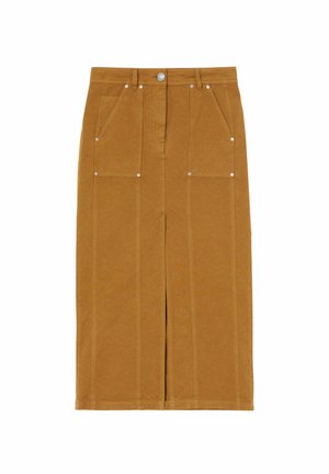 Denim suknja u senfu žutoj boji s prednjim džepovima, kopčanjem na dugme i dekorativnim šavovima, koja ima središnji prorez i ravnu siluetu.