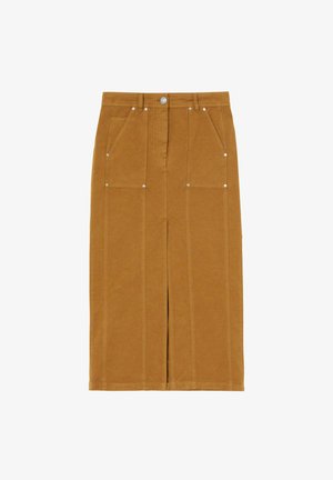 Denim suknja u senfu žutoj boji s prednjim džepovima, kopčanjem na dugme i dekorativnim šavovima, koja ima središnji prorez i ravnu siluetu.