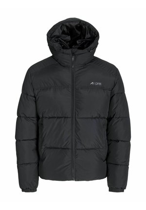 Schwarze gepolsterte Jacke mit Kapuze, ausgestattet mit einem Frontreißverschluss, elastischen Bündchen und sichtbarem Steppmuster. Logo auf der linken Brustseite.