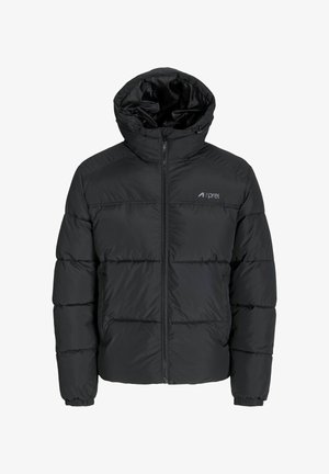 Veste rembourrée noire avec une capuche, dotée d'une fermeture éclair à l'avant, de poignets élastiques et d'un motif matelassé visible. Logo sur la zone de la poitrine gauche.