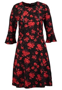 Czarna sukienka z czerwonym kwiatowym wzorem, rozkloszowanymi rękawami i okrągłym dekoltem z detalem na zamek. Wykonana z lekkiej tkaniny.