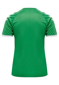 Grön sporttröja med korta ärmar, tillverkad av glatt tyg. Har vit kant runt ärmkanterna och en enfärgad design utan mönster eller logotyper.