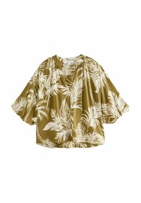 Olive green short-sleeve blouse featuring a white tropical leaf print. V-neck design with relaxed fit, made of soft fabric.