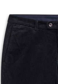 Dark corduroy pants featuring a ribbed texture, two side pockets, and a button closure at the waist. The material appears soft and durable.