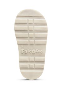 Světle béžová gumová podešev boty s texturovaným povrchem, obsahující horizontální a vertikální drážky, a vyražené logo "Falcotto".
